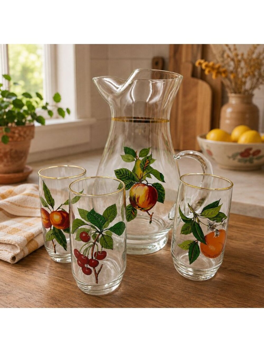 West Virginia Glass 4 Piece Set Fruit Pitcher and 3 Glass Set Gold Trim